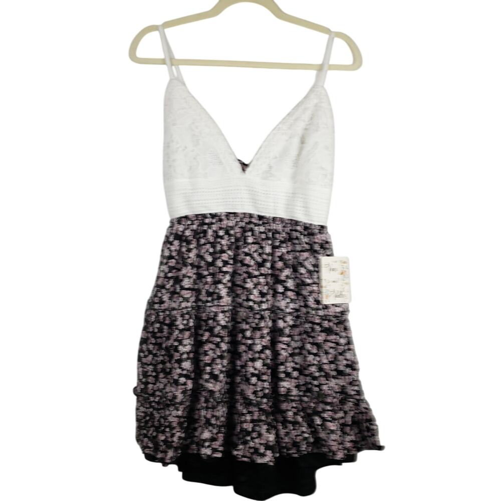 Vine & Valley Sz L Bow Back Babydoll Mini Dress Two Tone Lace Floral Cottagecore